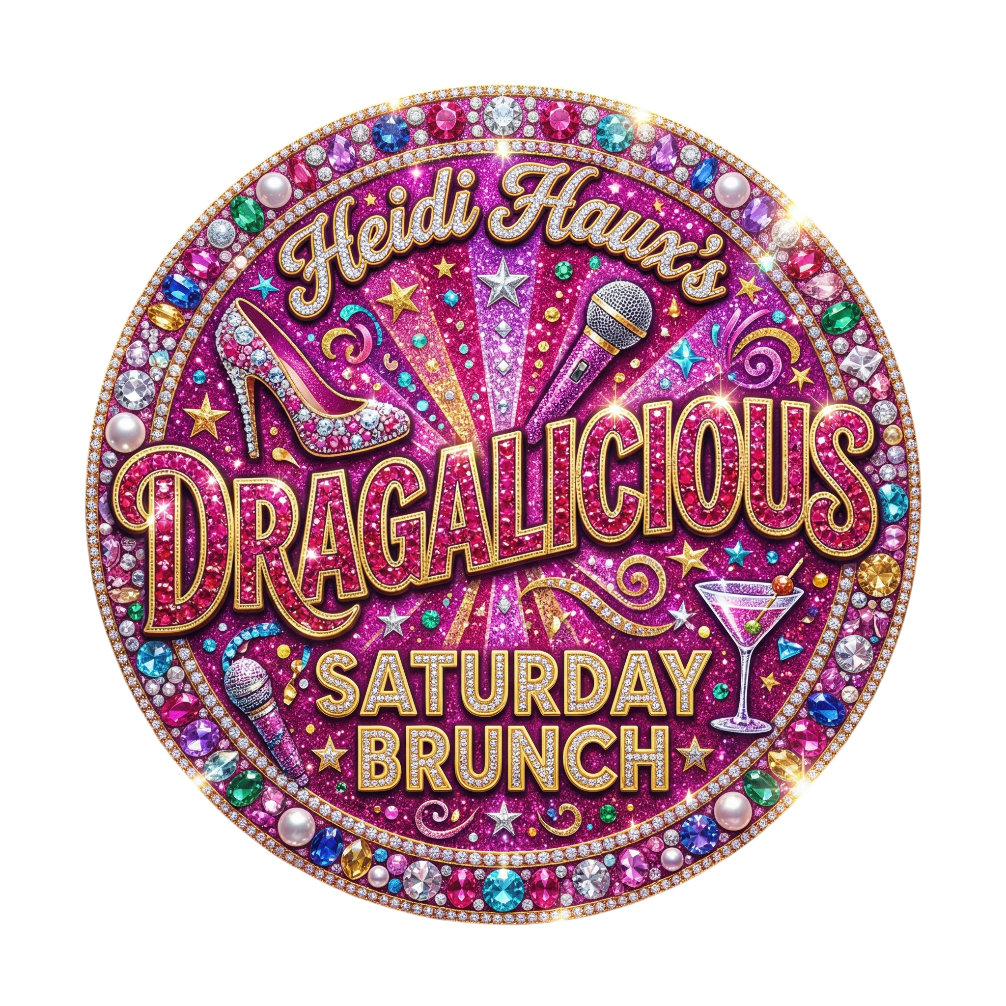 Decorative circular emblem for Heidi Kaiser's 50th birthday celebration, adorned with multicolored rhinestones, stars, a microphone, a high heel shoe, and text indicating Saturday, birthday, and celebration.