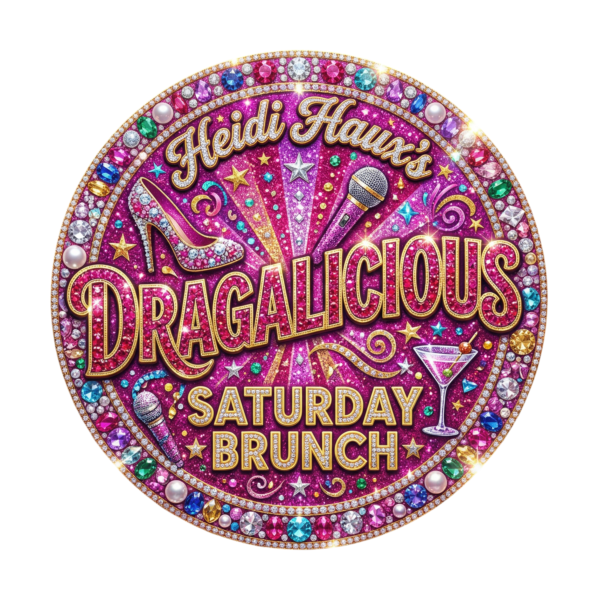 Close-up of a colorful, jewel-encrusted sign with the words 'Heidi Haws Saturday Prung' and decorative stars, microphone, and high heel shoe.