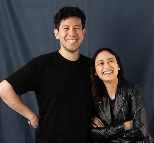Martin and Dani, co-founders of Folkstone, smiling together in the CBD studio.