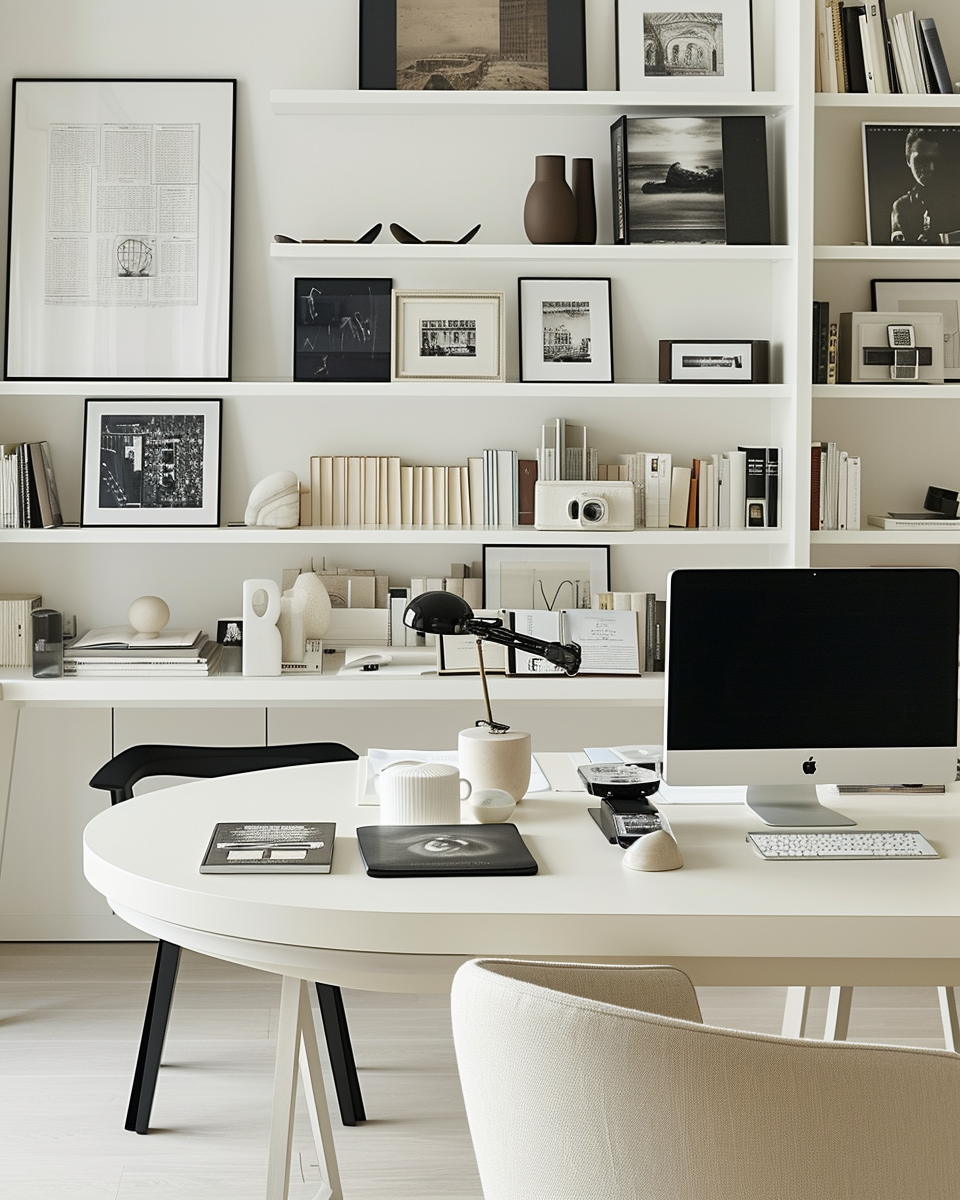 Modern home office with white desk, iMac computer, black chair, and a background of white shelves filled with black and white framed photographs, vases, books, and decorative objects.