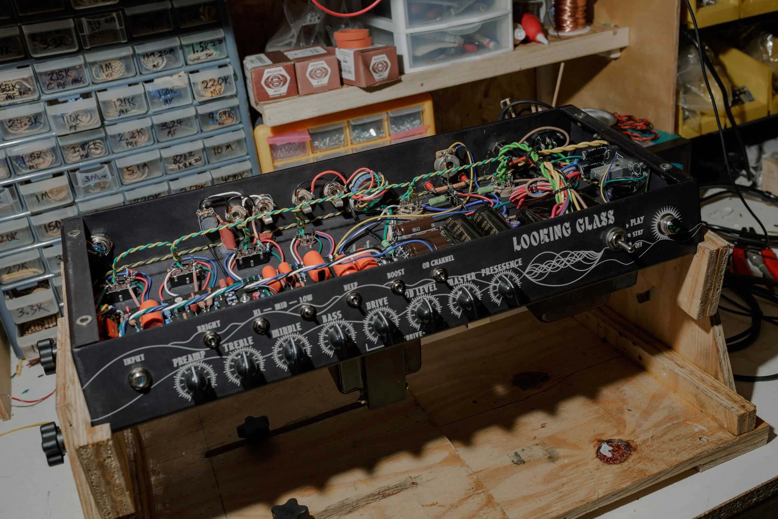 Image of amp head with exposed electronics