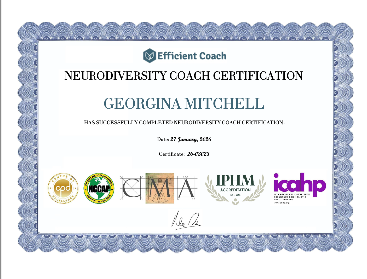 Neuroiversity Coaching Certificate of Georgina Mitchell at Hypfocus Therapies