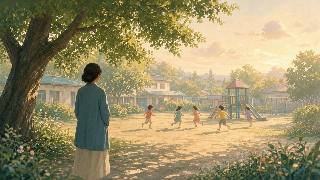 Calm teacher watching children play in a sunlit playground, a metaphor for a quieter, overseeing mind