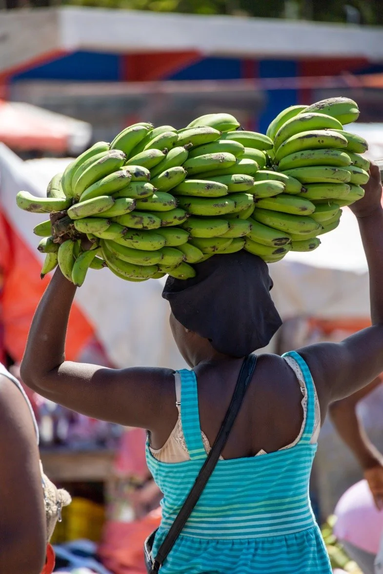 Person carrying a large bunch of green bananas on their head, wearing a striped blue tank top.