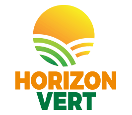Logo for Horizon Vert featuring a stylized sun above green fields with the text 'Horizon Vert' in orange and green.