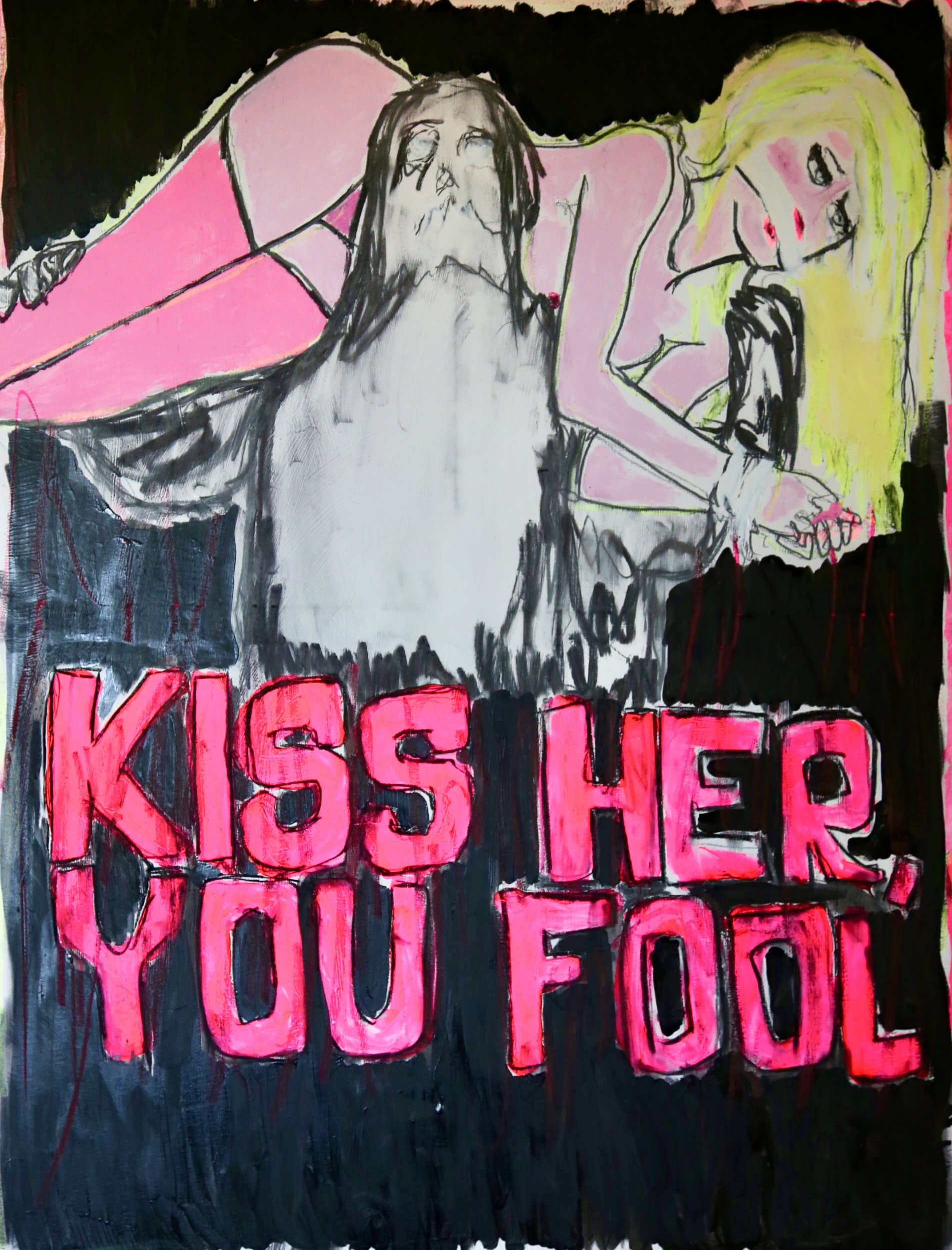 'Kiss her, you fool', acrylic, charcoal and pastel on canvas, 120 x 160 cm