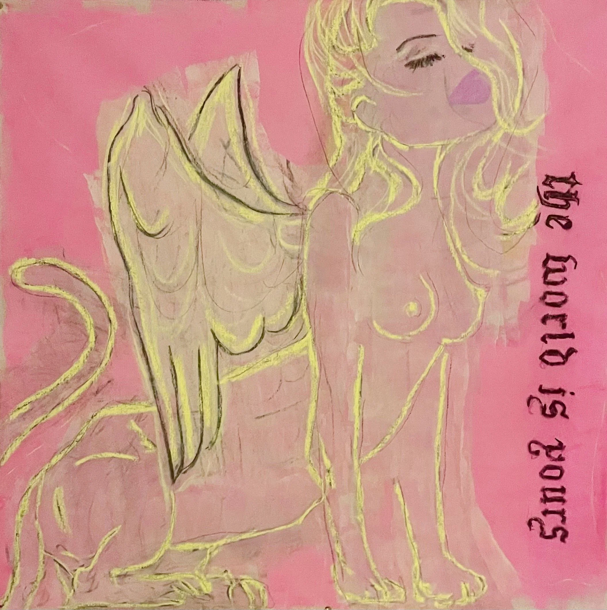 The world is yours, 2025, acrylic and soft pastel on unbleached cotton, 80 x 80 cm