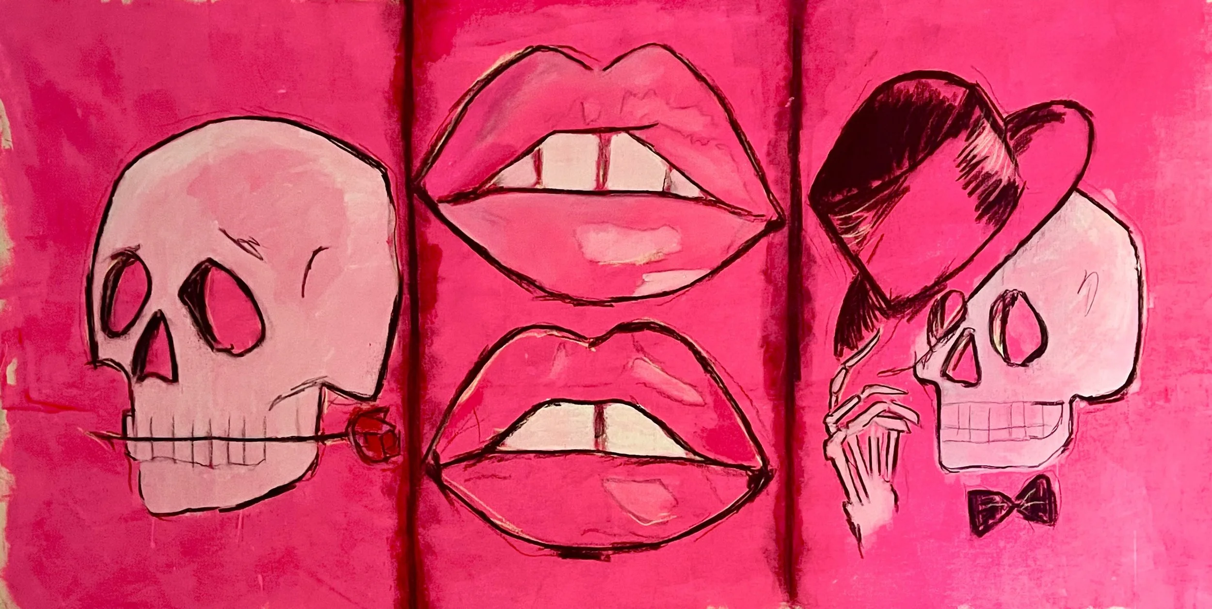 Skulls, 2025, acrylic and charcoal on unbleached cotton, 240 x 100 cm