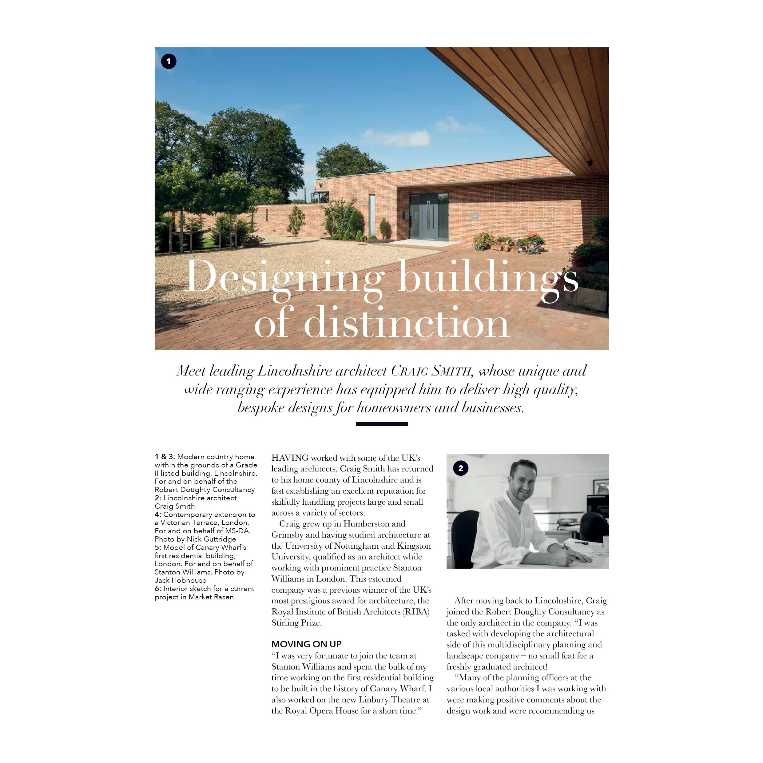 Craig Smith Architects — Page from Lincolnshire Life magazine featuring a contemporary rural home in Lincolnshire. The heading reads 'designing buildings of distinction' and i