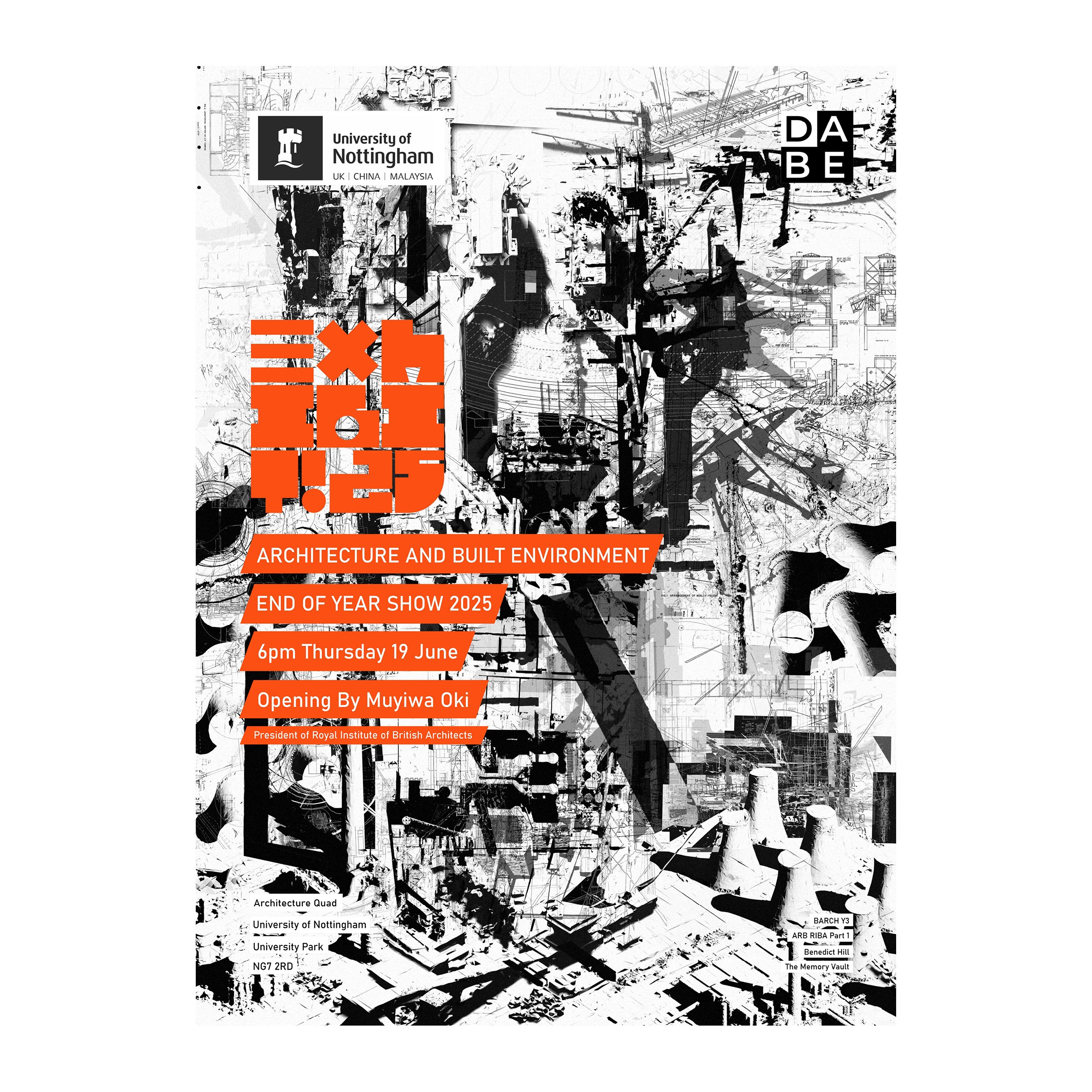 Craig Smith Architects — Poster for an architecture exhibition at the University of Nottingham, featuring abstract black and white artwork with red text highlights for details