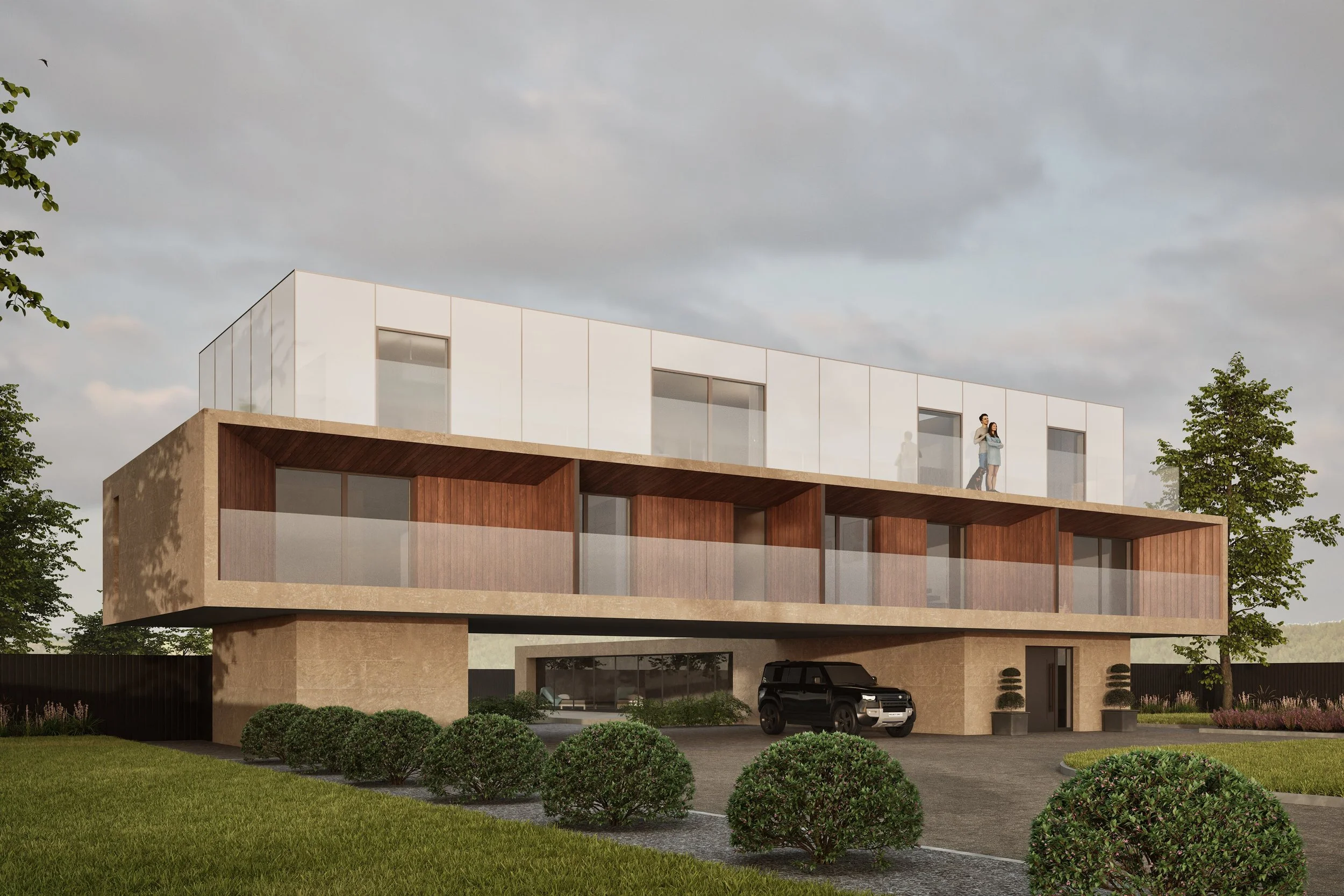 Craig Smith Architects — Modern three-storey house with a stone and timber ground and first floor, and a fully glazed top floor. Surrounded by green lawn and trees, with a bla