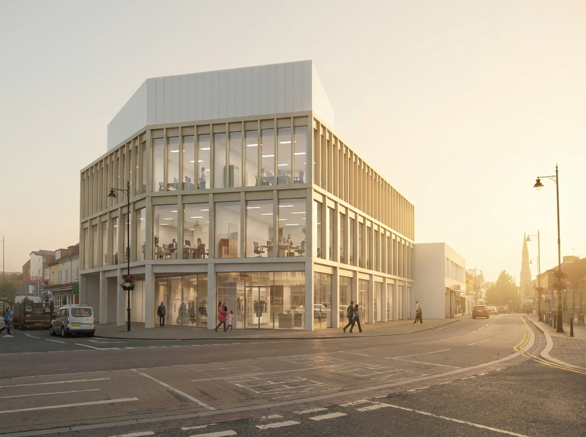 A modern, three-story corner mixed-use building with large glass windows, located on a high street at sunset. People are walking on the path. The building has slender columns and fins made from precast lincolnshire stone.