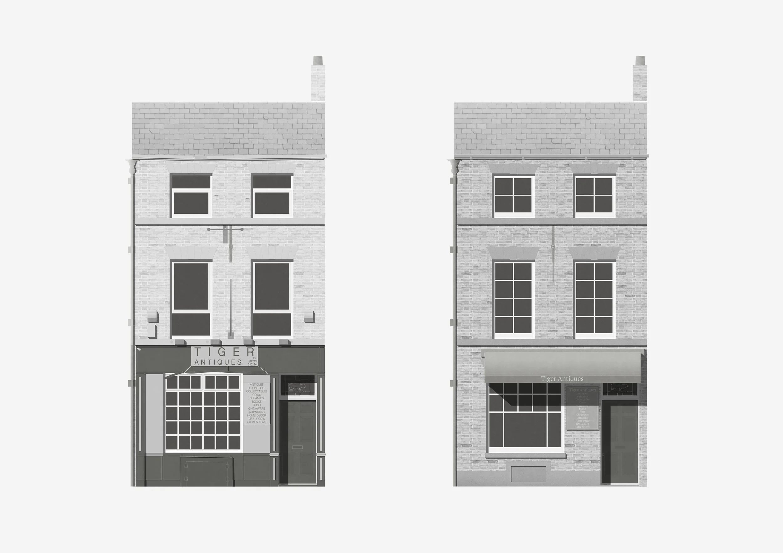 Two black and white illustrations of a three-story listed brick building. The left image shows the existing which has suffered modern changes and the right shows the proposed where the windows and shopfront have been replaced with heritage designs.