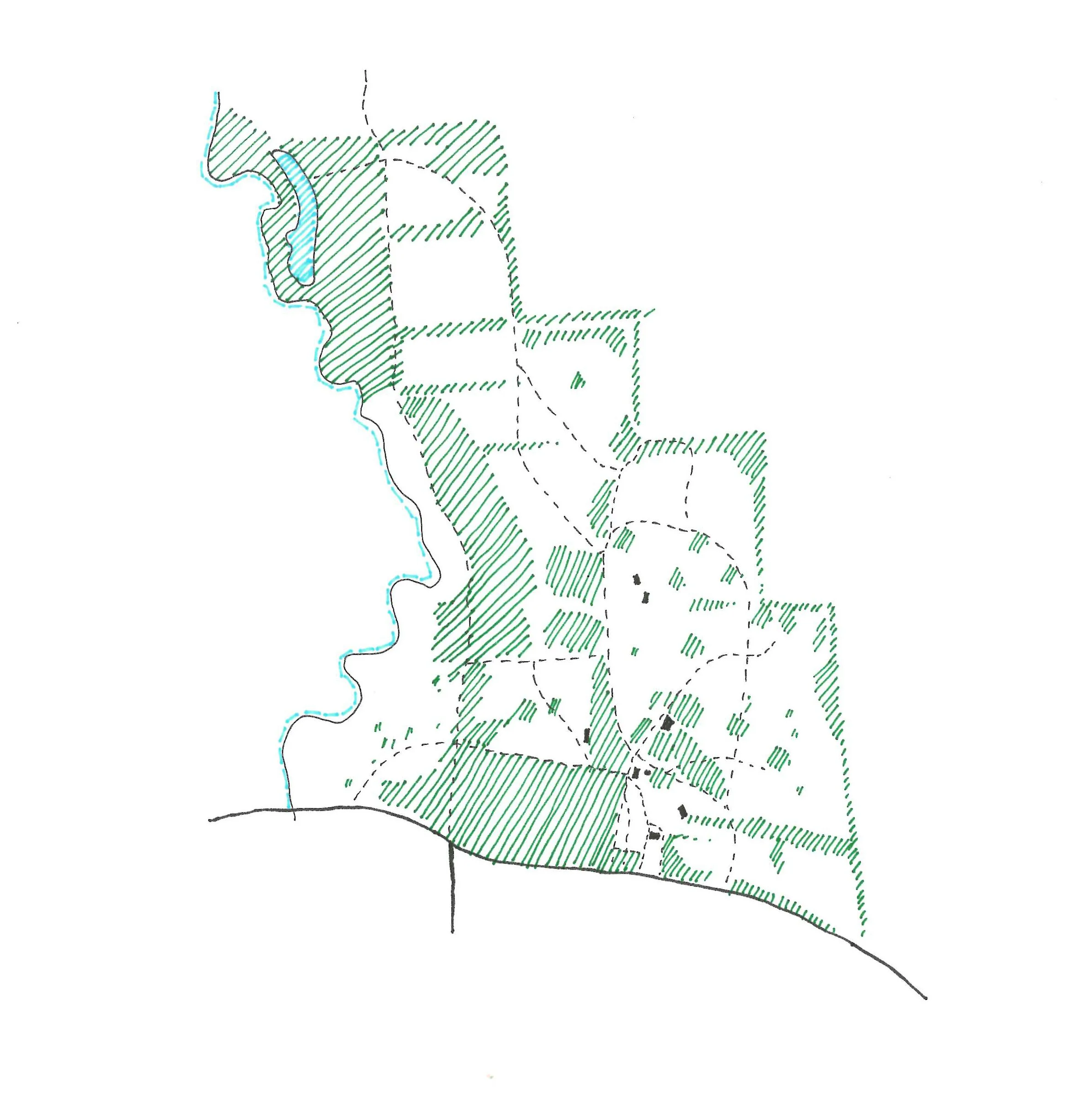 A sketch map of Walesby Forest with green shaded areas for trees, black blocks for buildings, blue for lakes and dashed lines for footpaths.