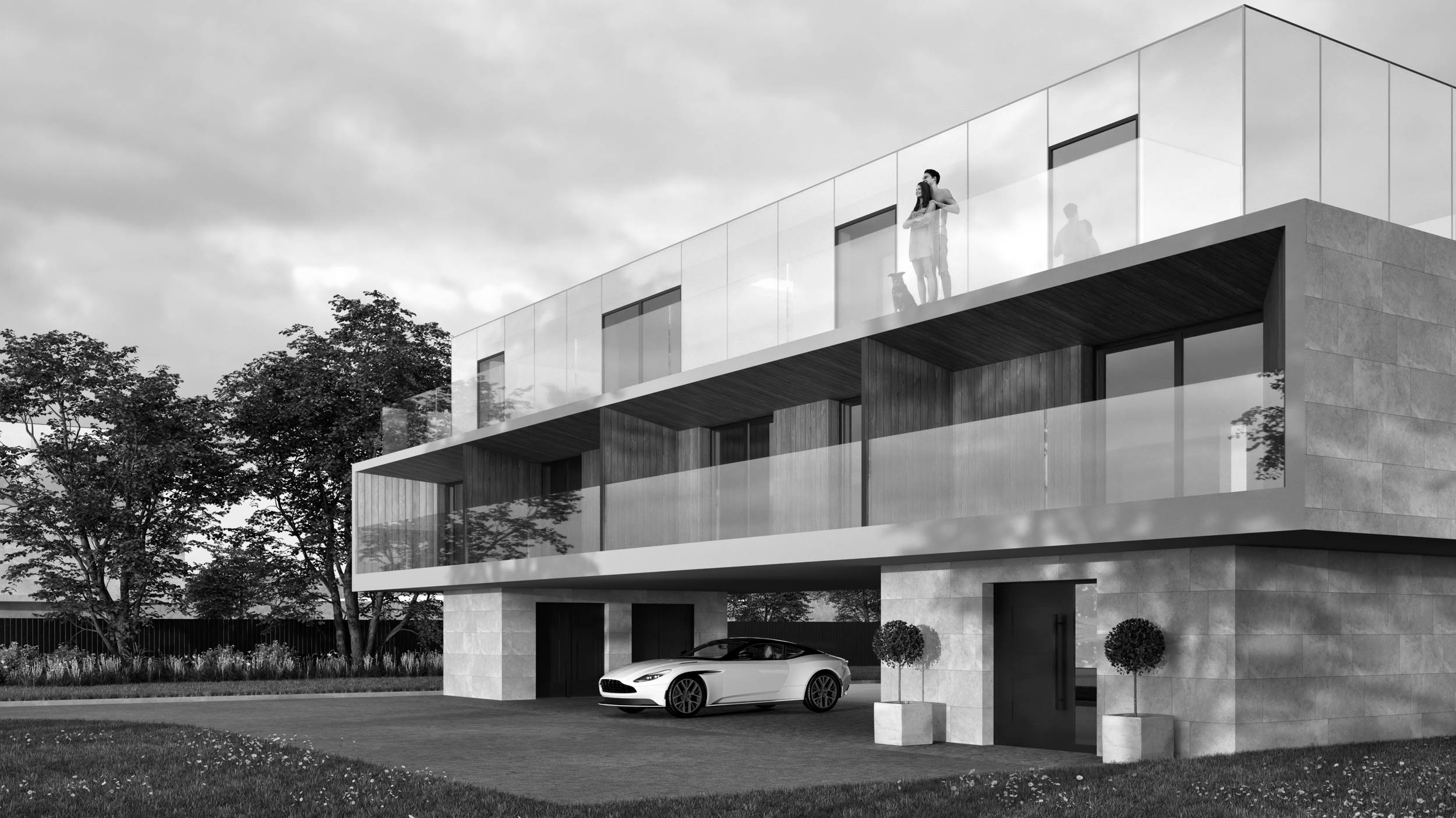 Modern multi-storey house with large glass windows, hardwood-lined recessed balconies and Lincolnshire limestone walls. A driveway with a luxury modern Aston Martin, and two people on the upper balcony are looking out. It is a black and white image.