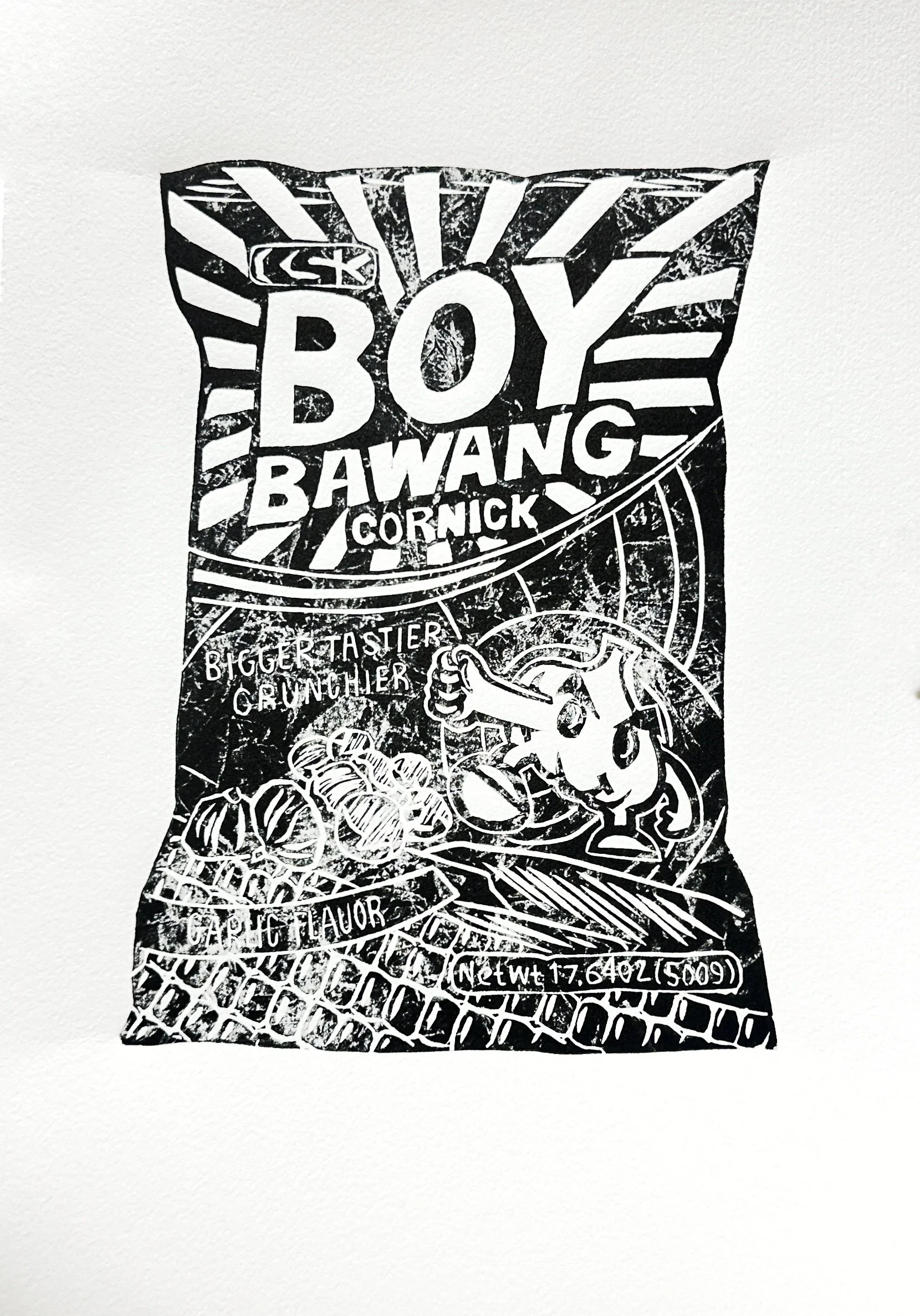 Boy Bawang (Garlic), linocut, 2025 (unique state)
