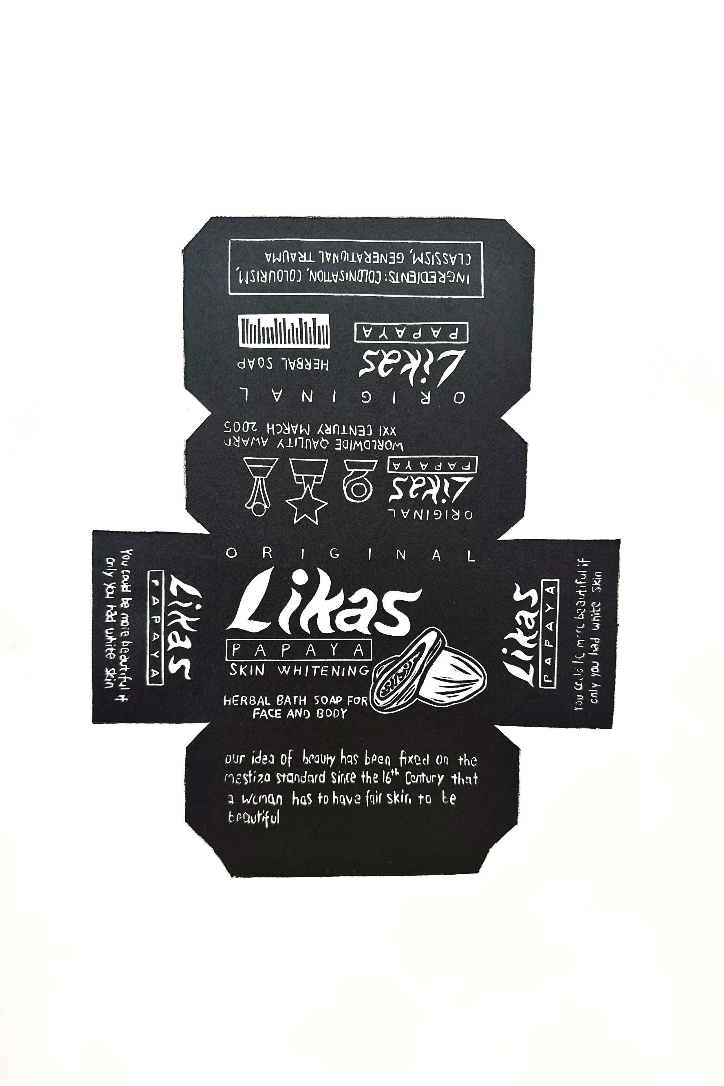 I have dark skin/I want fair skin, Linocut with chine collé, 2025, (state 2)