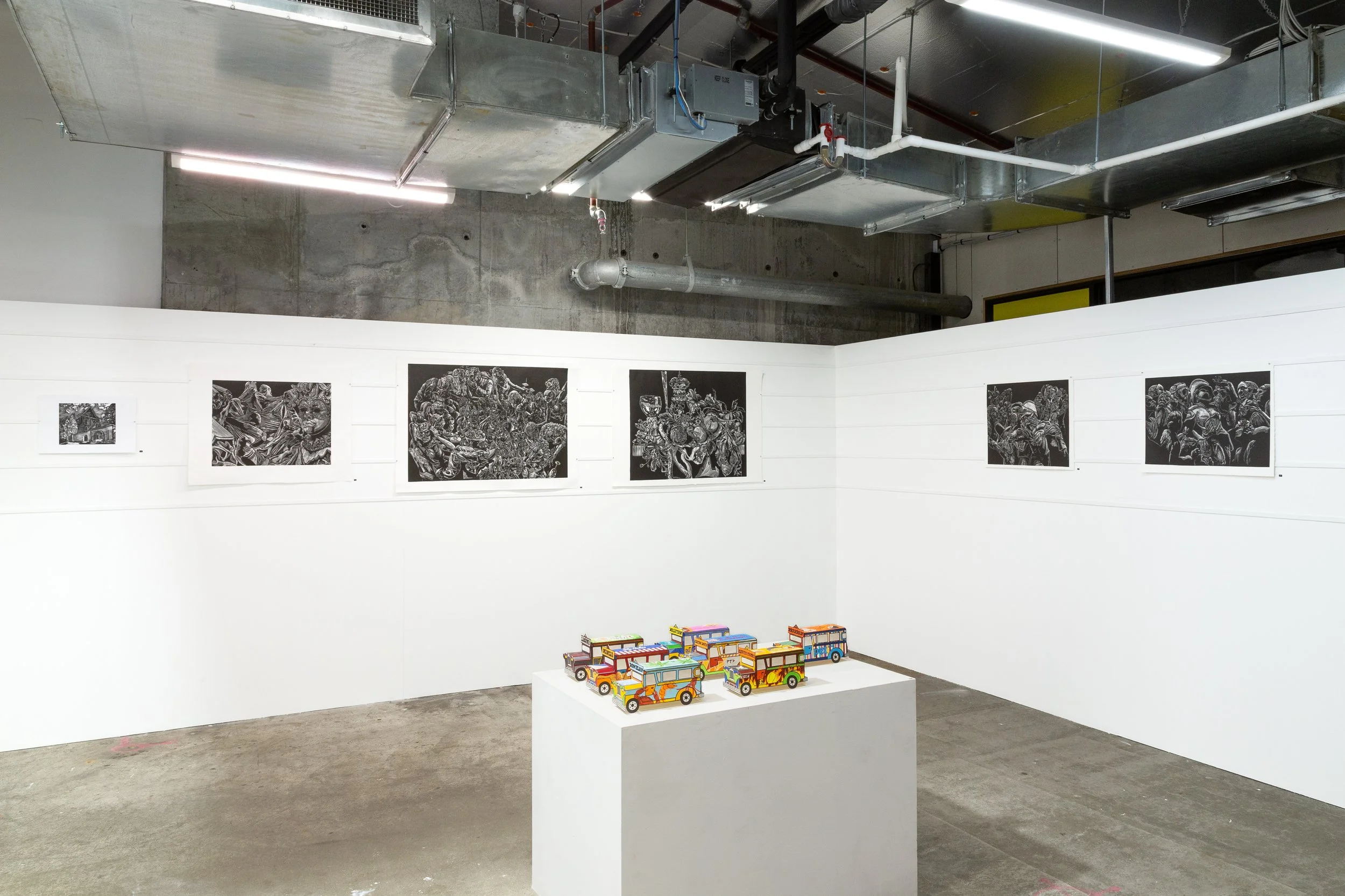 Jeepneys, Linocut, handcoloured with gouache, 2025 (install shot)  
Art Documentation by Panisa Ongwat