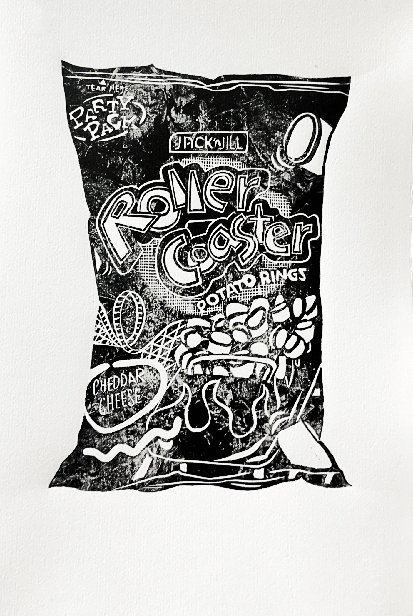 Roller Coaster Potato Rings, linocut, 2025, (unique state)