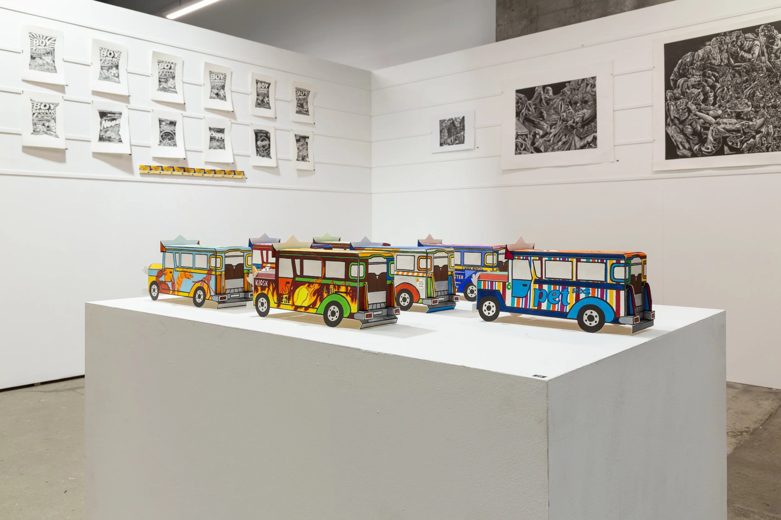 Jeepneys, Linocut, handcoloured with gouache, 2025 (side profile)   
Art Documentation by Panisa Ongwat