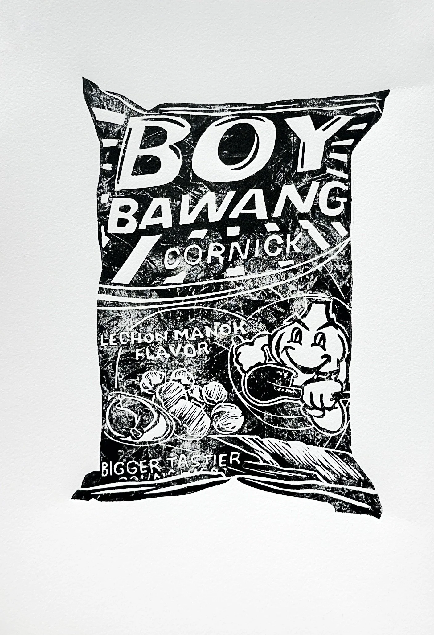 Boy Bawang (Lechon Manok), linocut, 2025, (unique state)