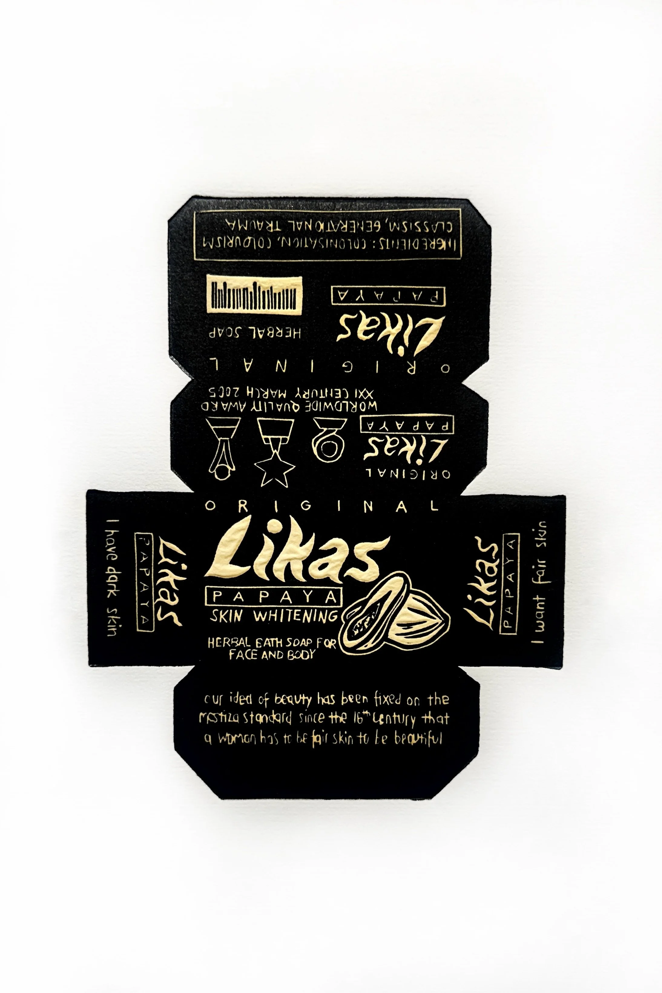 I have dark skin/I want fair skin, Linocut with chine collé, 2025, (state 1)