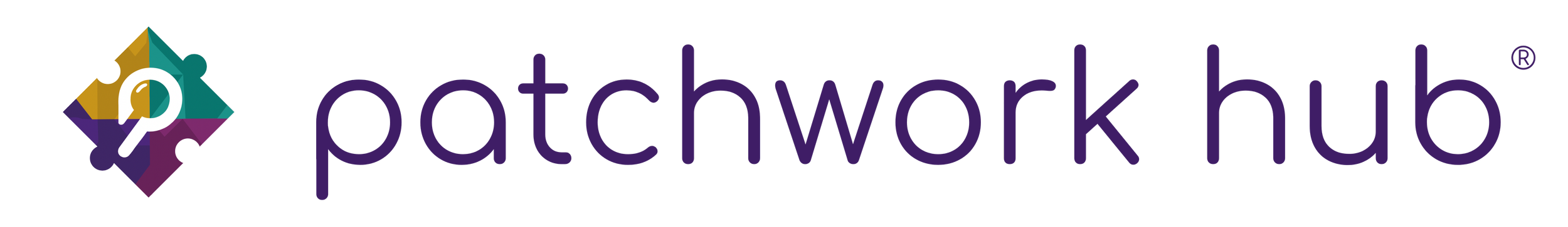 Patchwork hub in purple font, 4 puzzle pieces on the left with a P that looks like a magnifying glass
