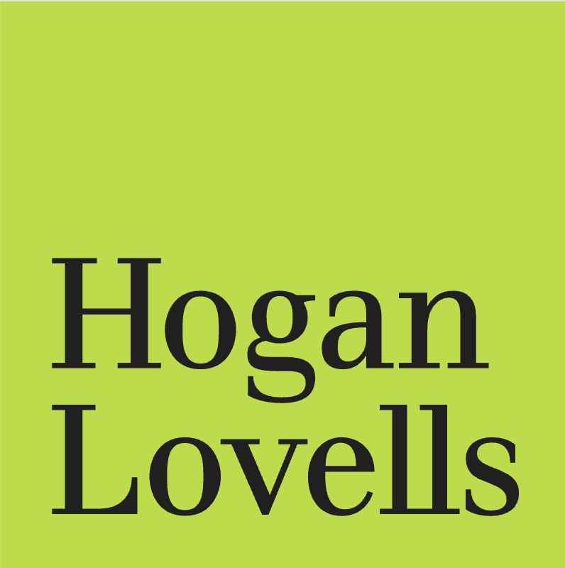 Logo for Hogan Lovells, black text on a bright green square background