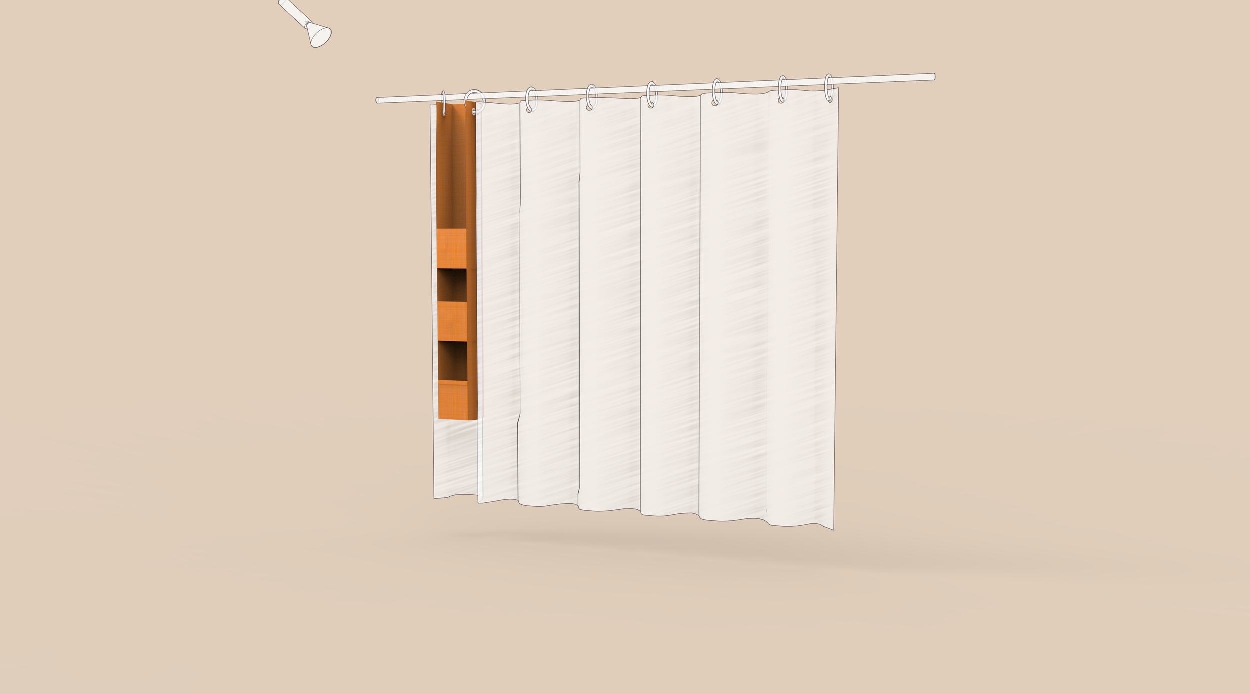 A white shower curtain mounted rod with a brown vertical shower storage unit on the left side, containing several open cubbies for toiletries.