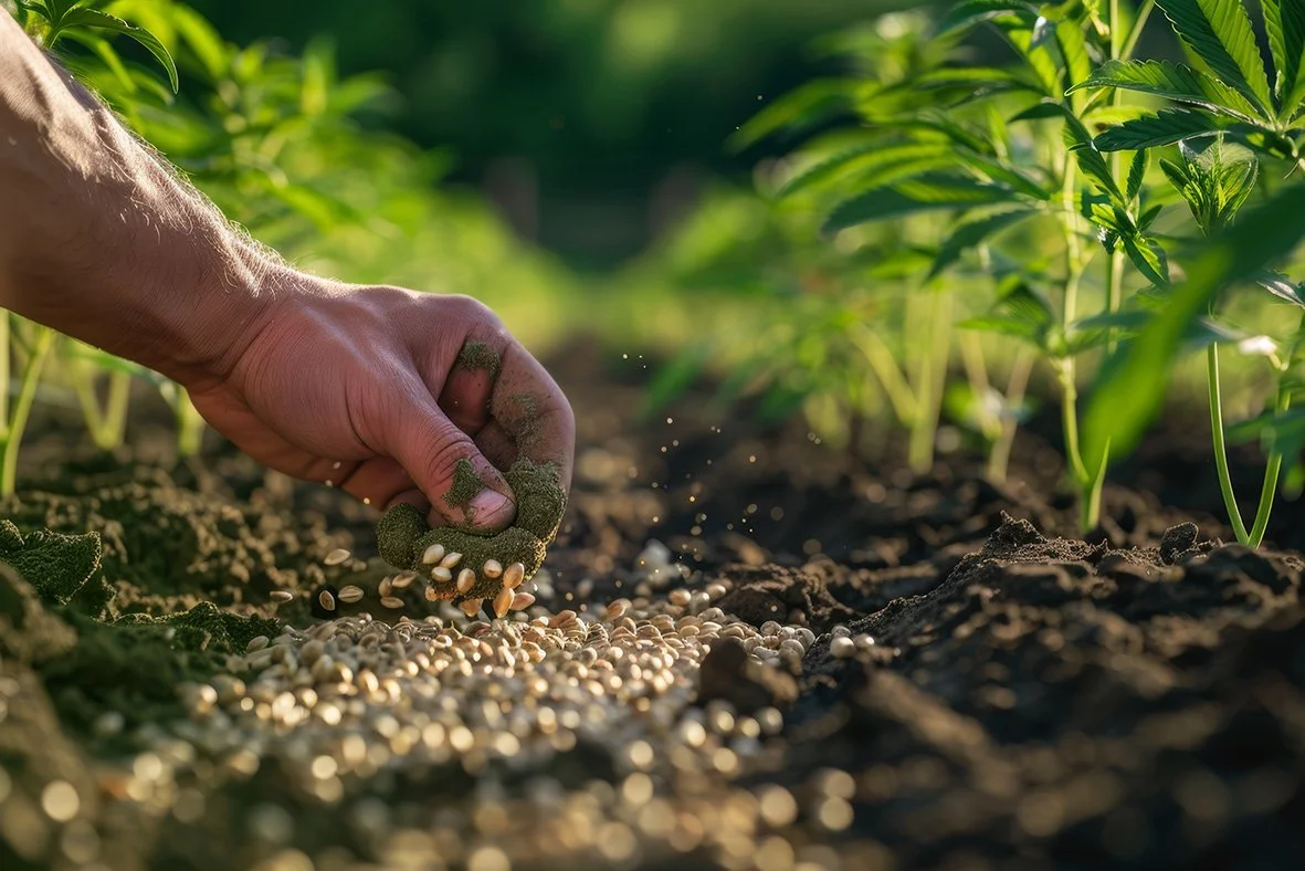 Close-up of a hand planting seeds in Thailand Hemp farm setting.