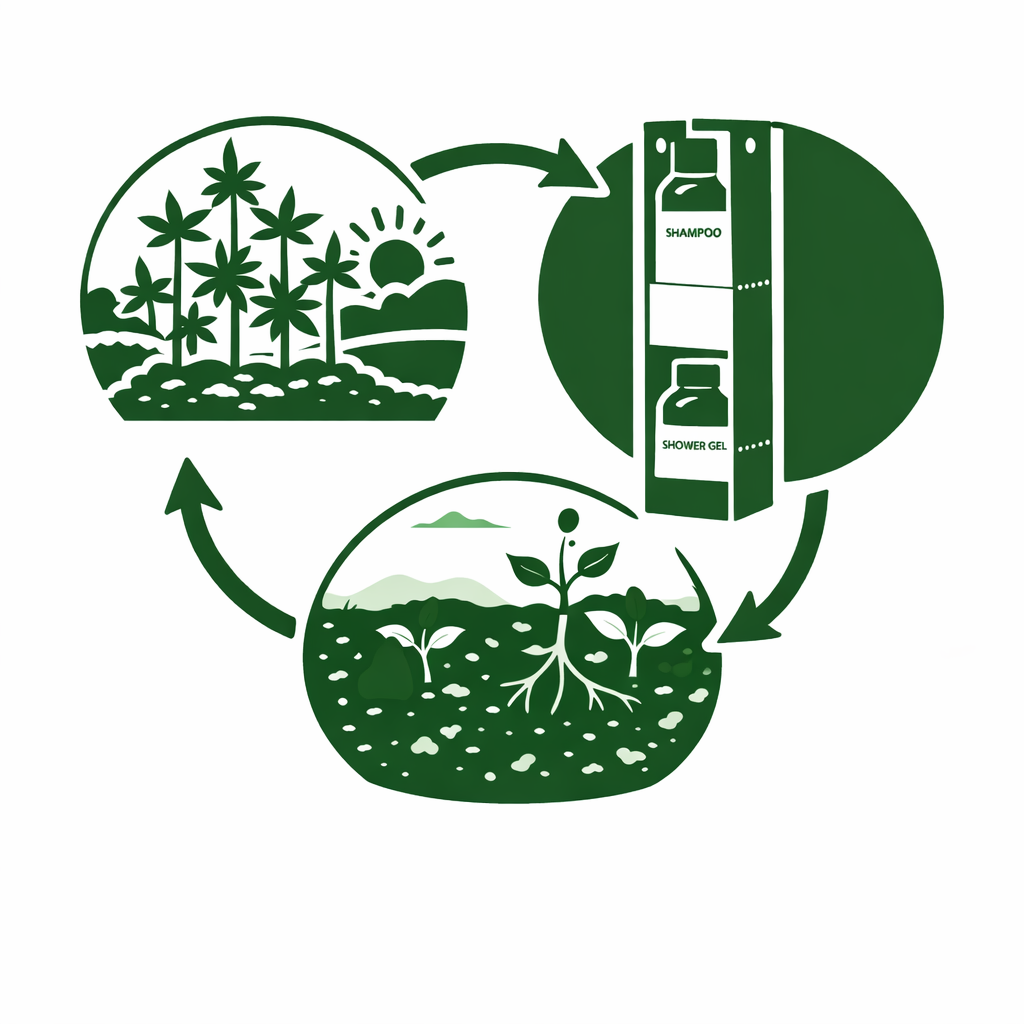 Icon showing the life cycle of the Shwelf shower caddy, grow hemp, use the product, product biodegrades to soil to grow more hemp.