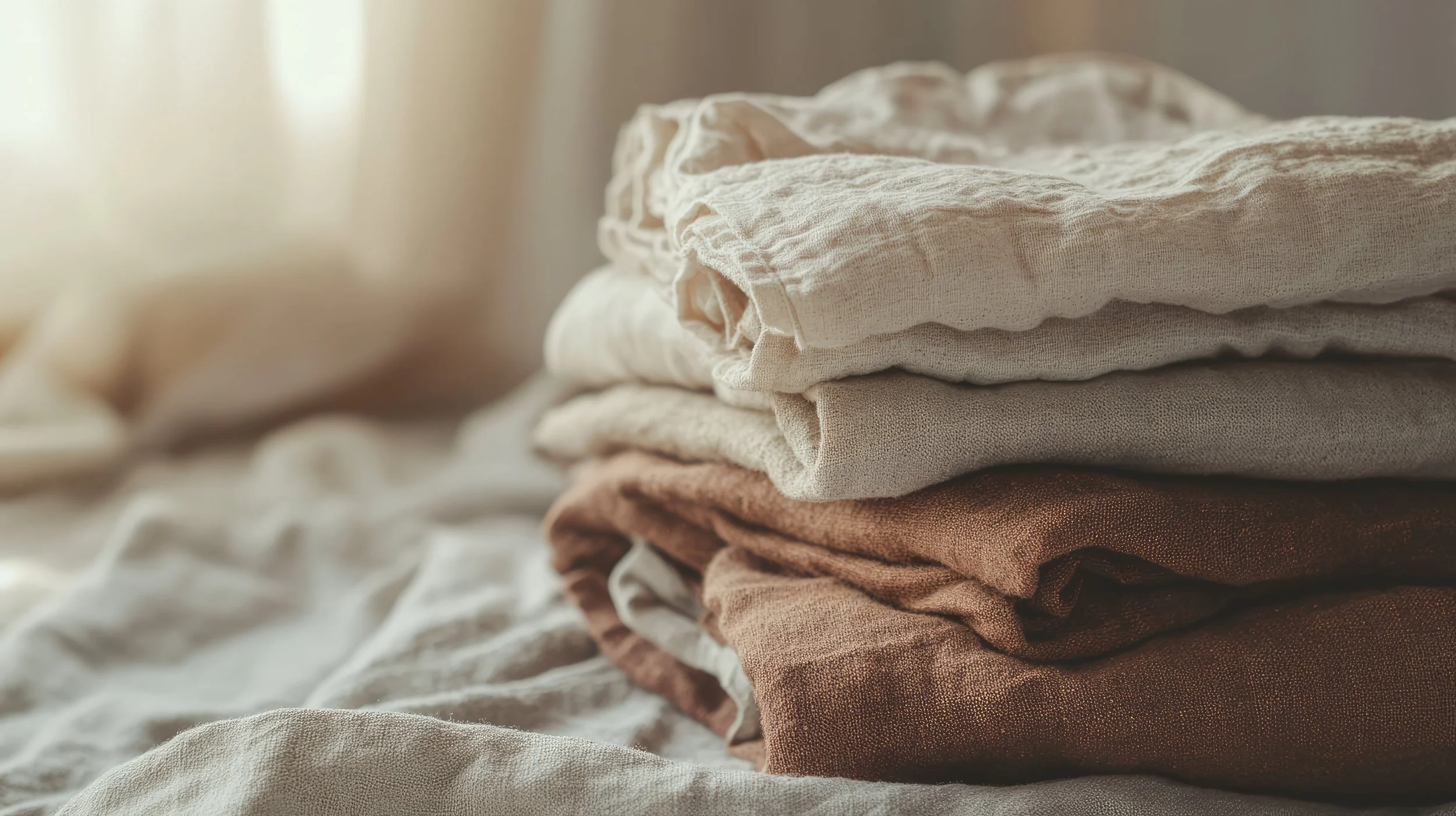 A neatly folded stack of neutral-colored hemp fabrics, with sunlight illuminating the background.