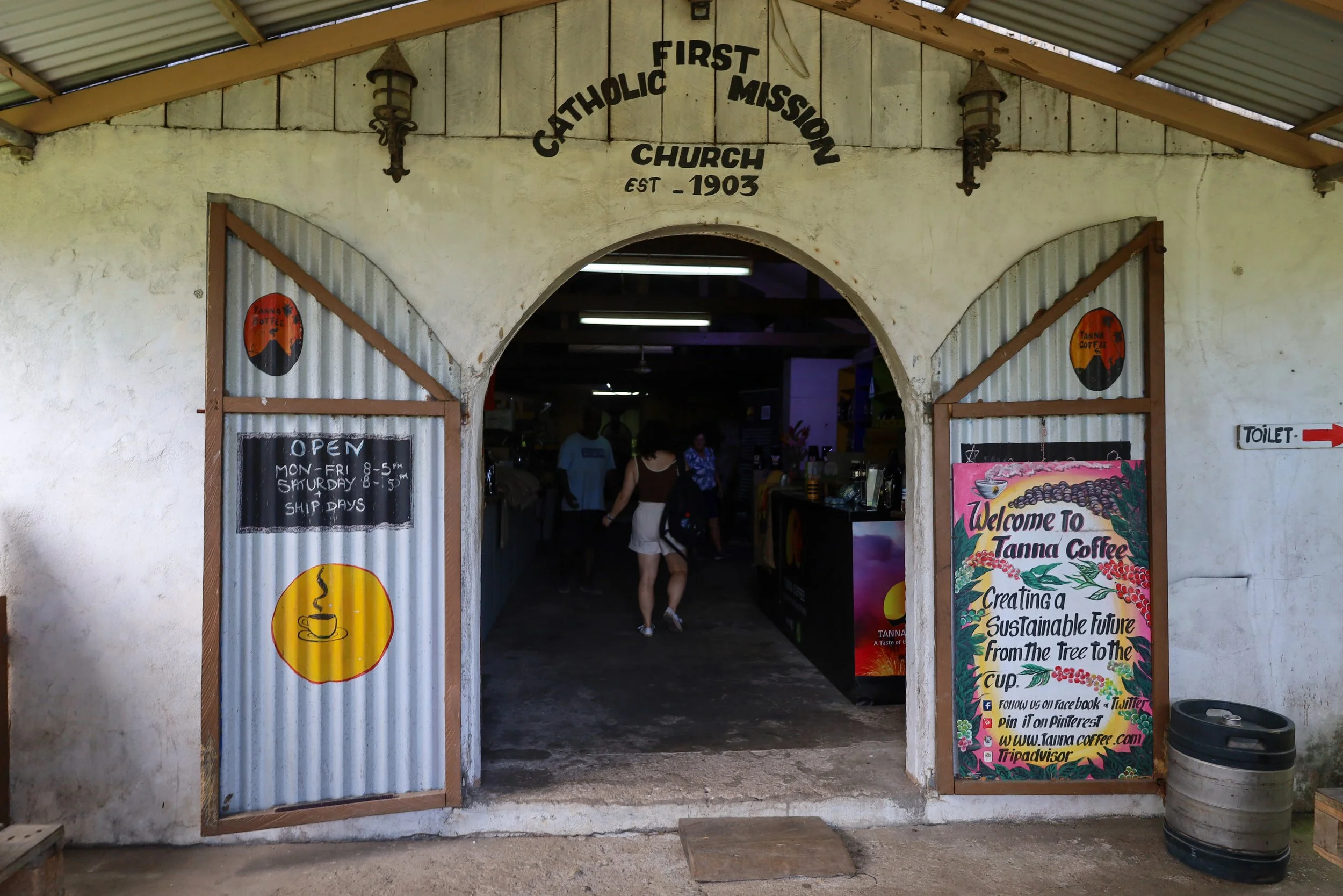 Tanna Coffee sits inside the first catholic mission church est. 1903 on Efate Island in Vanuatu