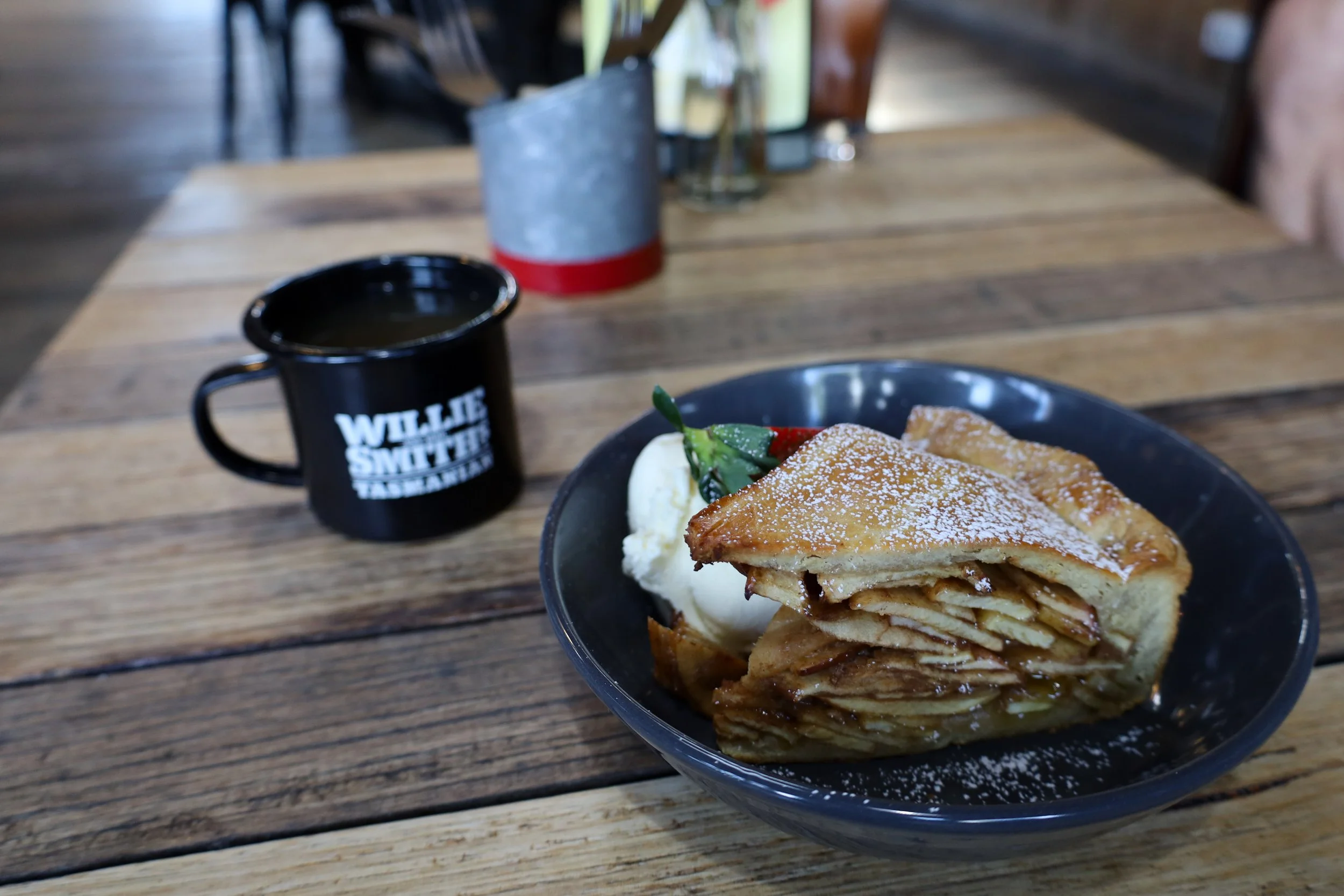 Warm spiced apple cider and home made apple pie at the Apple Shed, Tasmania