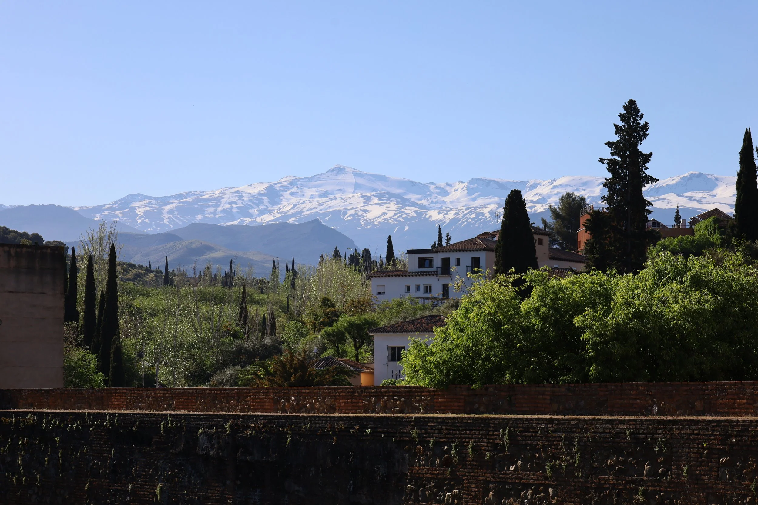 Snow capped mountains behind the Alhambra in Spain