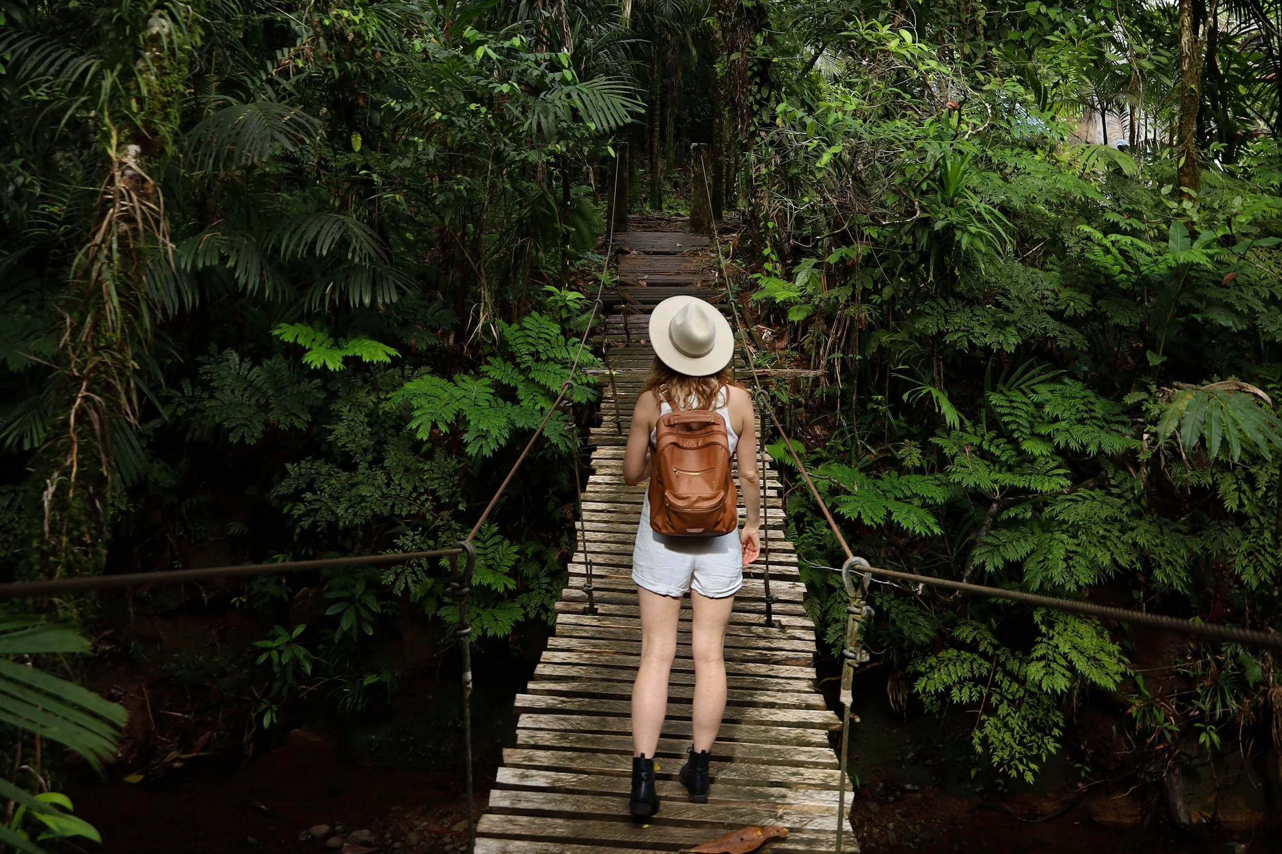 Walking across Ngardmau Waterfall swing bridge, Palau