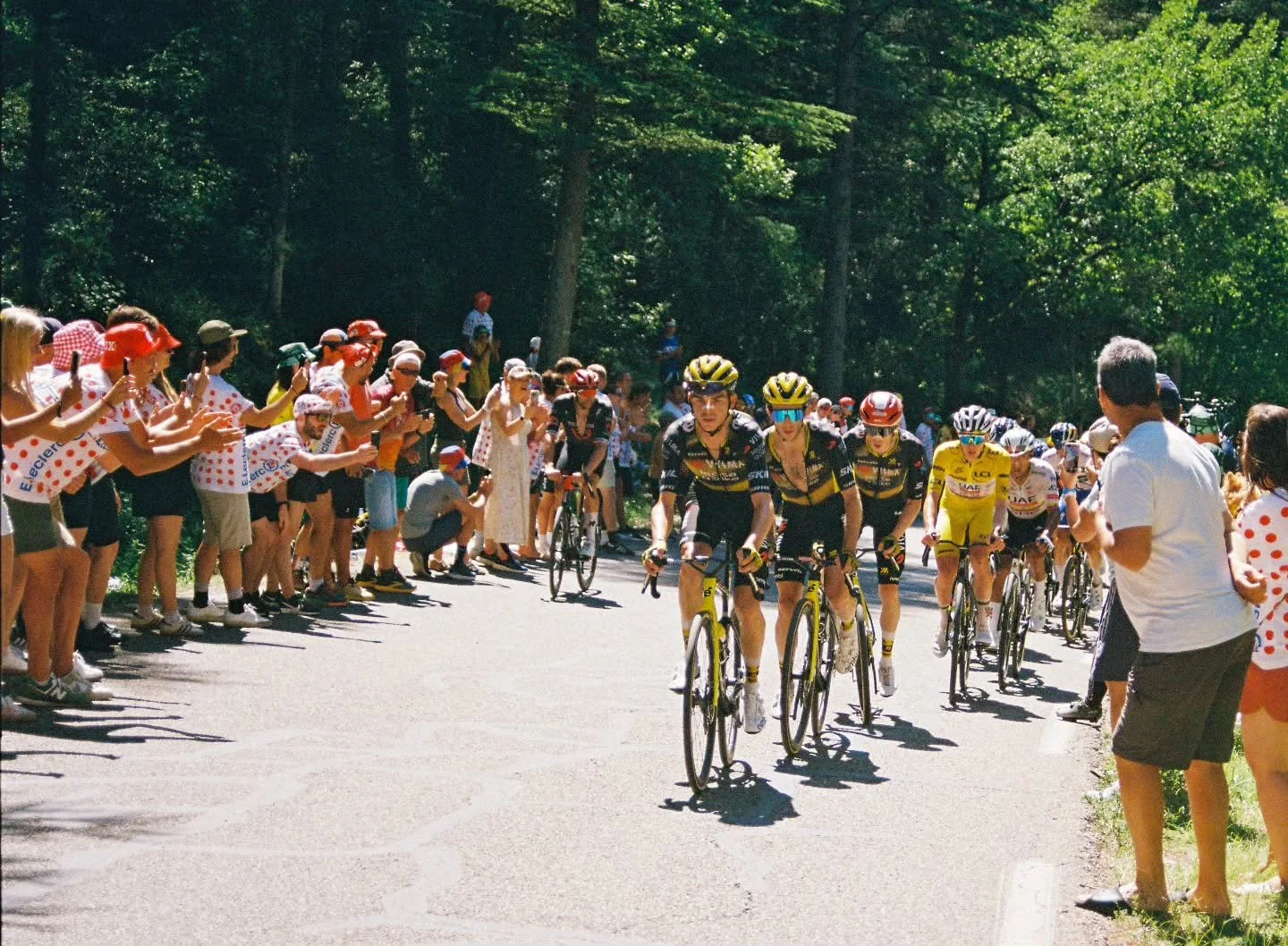 Probably one of my favourite images from the Tour. Cycling is so unique in that you can get so close to the superstars of the sport! Sepp Kuss, Simon Yates, Jonas Vingegaard and 4 time tour champ Tadej Pogacar on Mont Ventoux. 

Nikon F80 &amp; Kodak