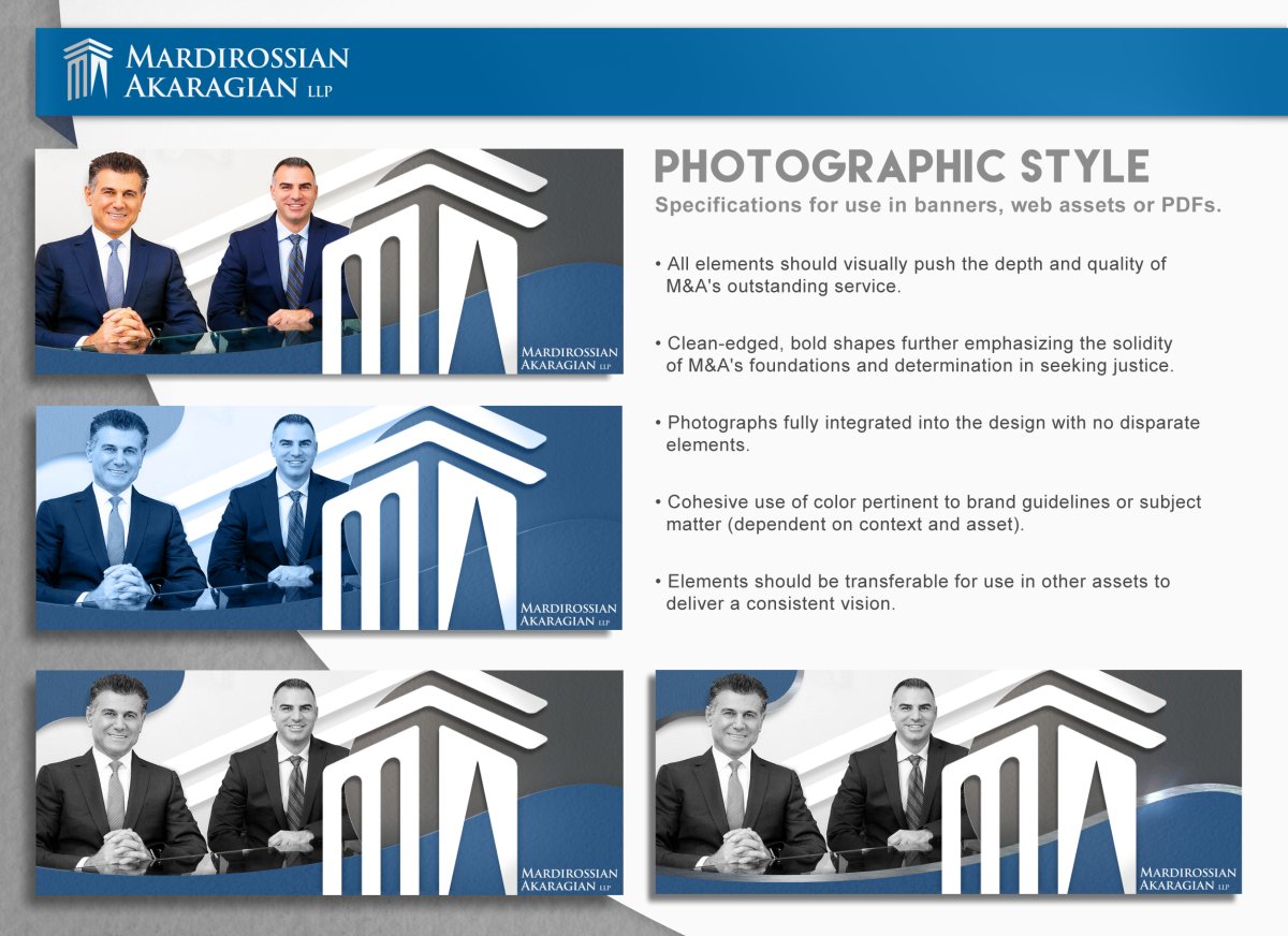 Design deck for soft rebrand of the Mardirossian Akaragian LLP website.