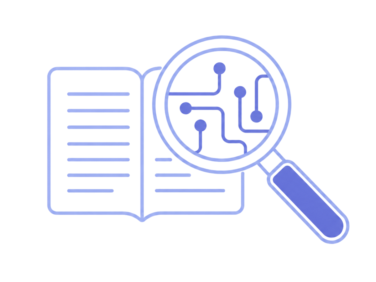 Minimal illustration of a magnifying glass revealing digital circuit patterns over an open document, representing digital evidence analysis, investigative research, and technology-driven investigations.