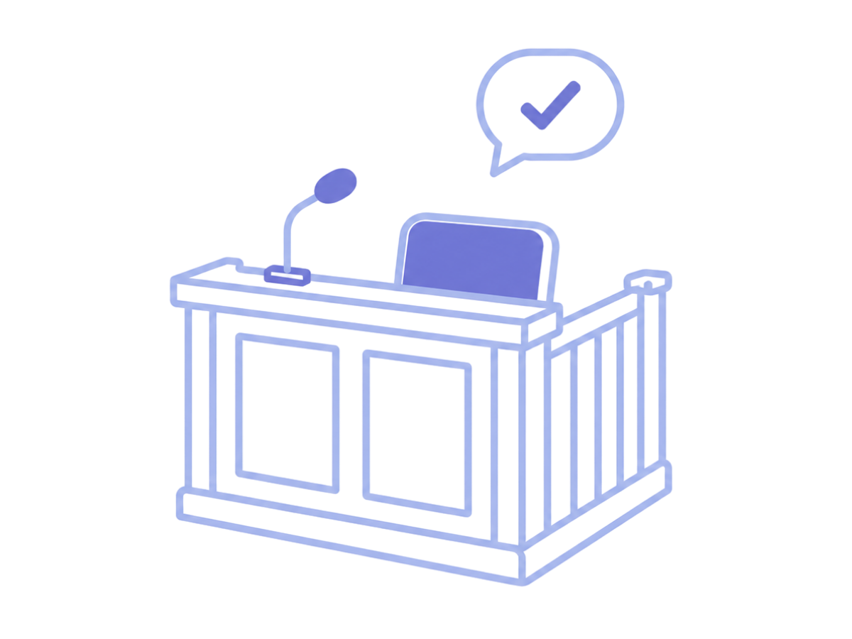 Minimal illustration of a courtroom witness stand with a microphone and railing, accompanied by a speech bubble containing a check mark, representing clear, confident, and effective courtroom testimony.