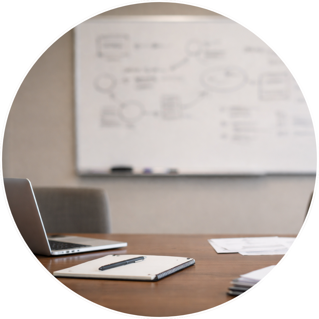 Conference room table with notebooks and laptops in the foreground, blurred whiteboard in the background suggesting strategy planning.