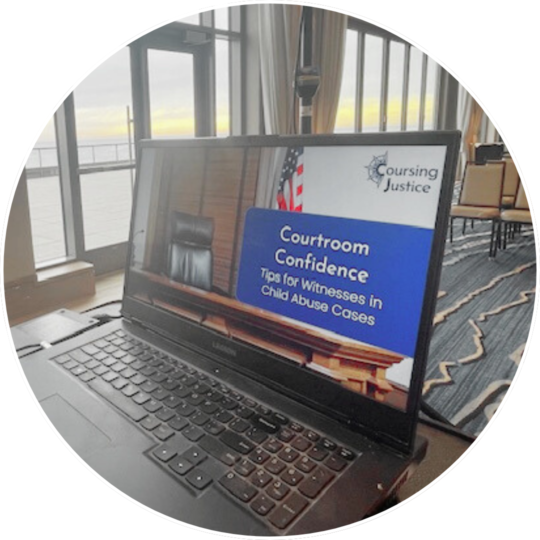 Laptop displaying a virtual training session slide in a professional meeting space, representing live online instruction.