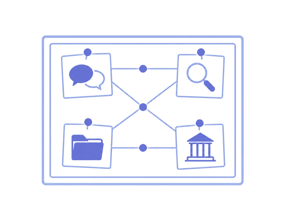 Minimal illustration of an investigation board with four pinned cards depicting speech bubbles, a magnifying glass, a case file folder, and a courthouse, connected by lines to represent collaboration throughout the investigative and legal process.