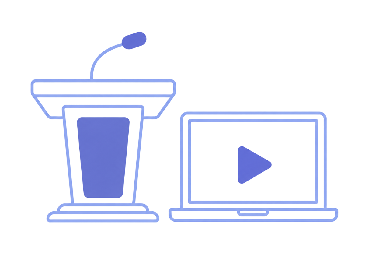 Minimal illustration of a lectern with a gooseneck microphone beside an open laptop displaying a play button, representing live presentations, virtual training, and educational content.