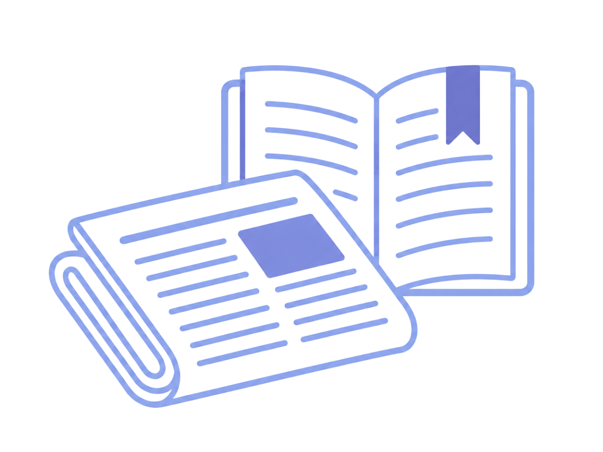 Minimal illustration of a folded newspaper with text columns and a photo placeholder in front of an open book with a ribbon bookmark, representing news, articles, and educational resources.