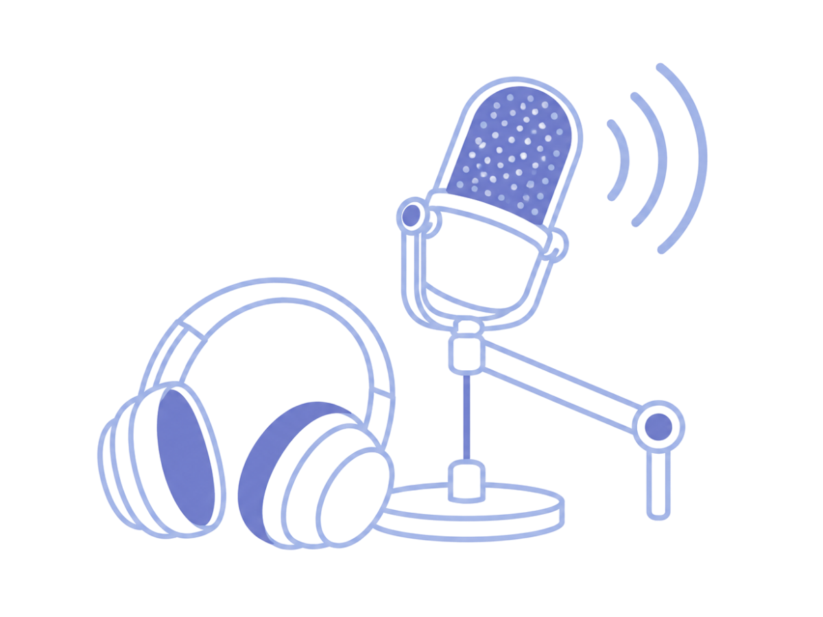 Minimal illustration of a studio microphone on a boom arm beside over-ear headphones, with sound waves radiating from the microphone, representing podcast conversations and audio content.
