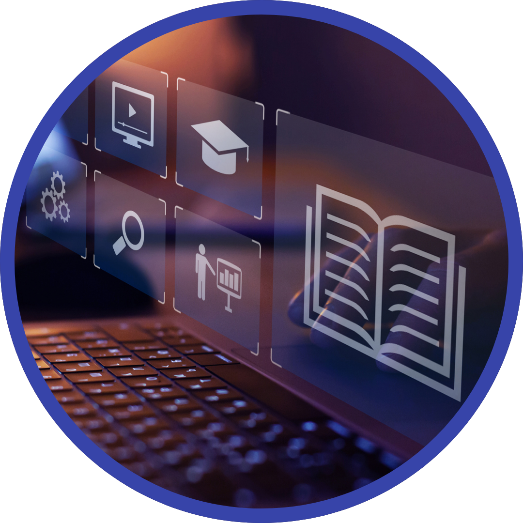 Digital learning icons displayed over a laptop keyboard, representing instructional content creation.