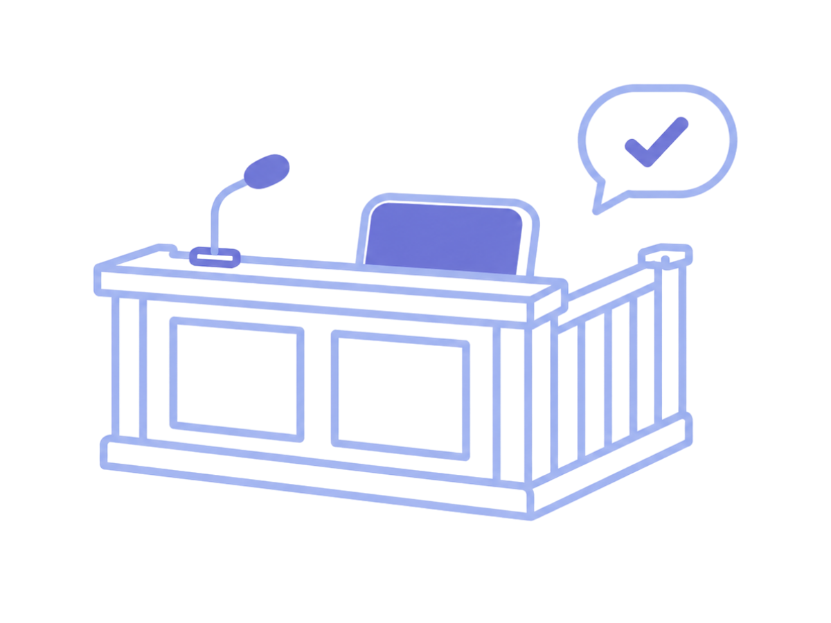 Minimal illustration of a courtroom witness stand with a microphone and railing, accompanied by a speech bubble containing a check mark, representing clear, confident, and effective courtroom testimony.