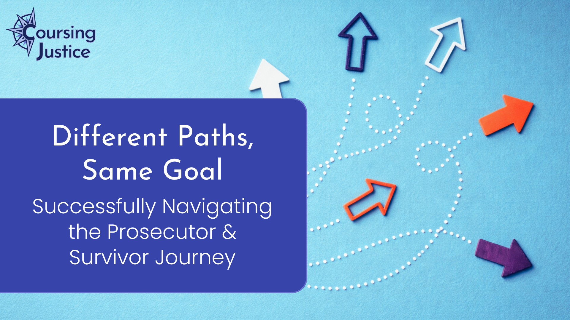 Title slide for workshop titled "Different Paths, Same Goal: Successfully Navigating the Prosecutor and Survivor Journey"