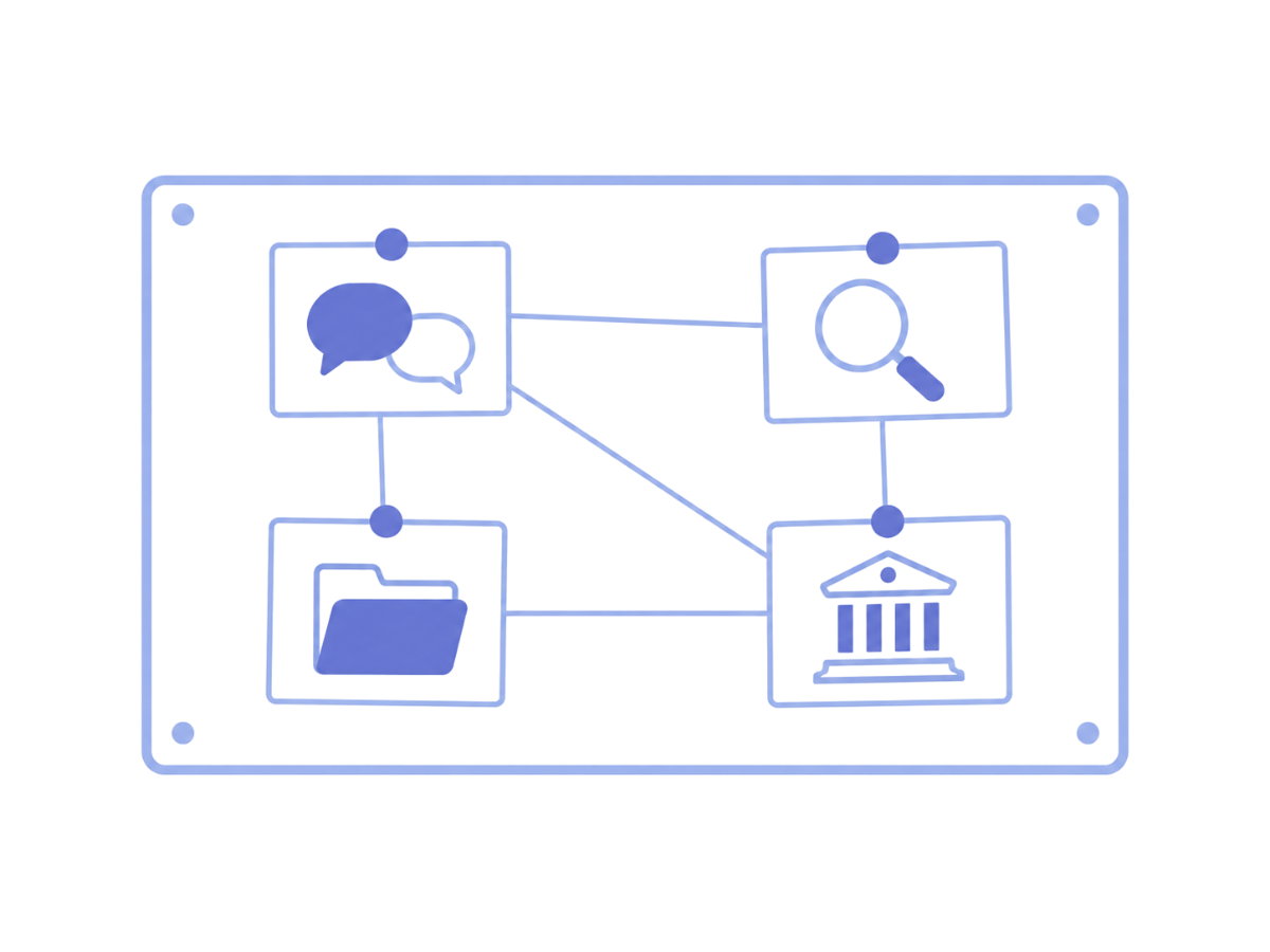 Minimal illustration of an investigation board with four pinned cards depicting speech bubbles, a magnifying glass, a case file folder, and a courthouse, connected by lines to represent collaboration throughout the investigative and legal process.